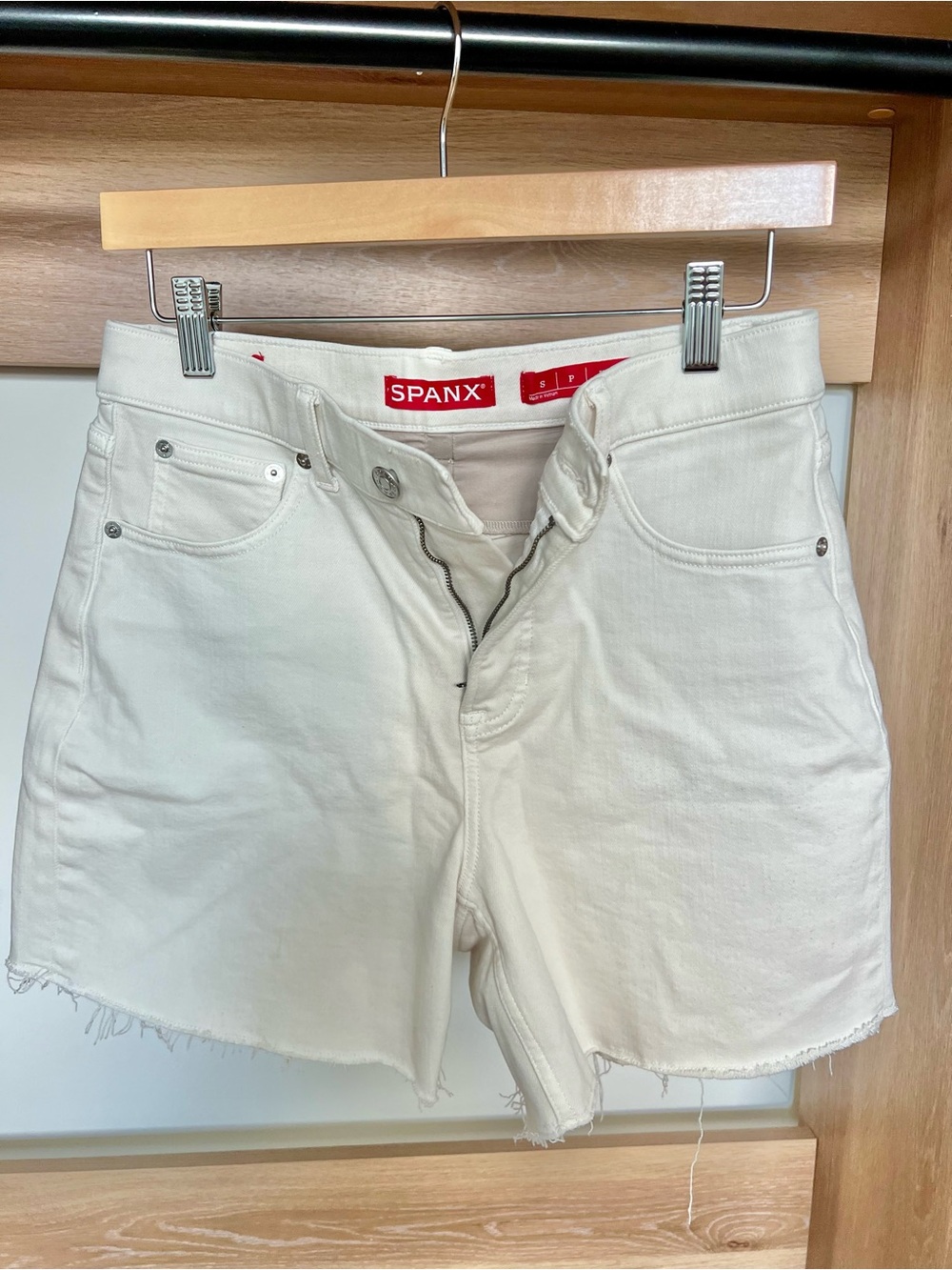 SPANX Cream High-Rise Denim Shorts with Frayed Hem